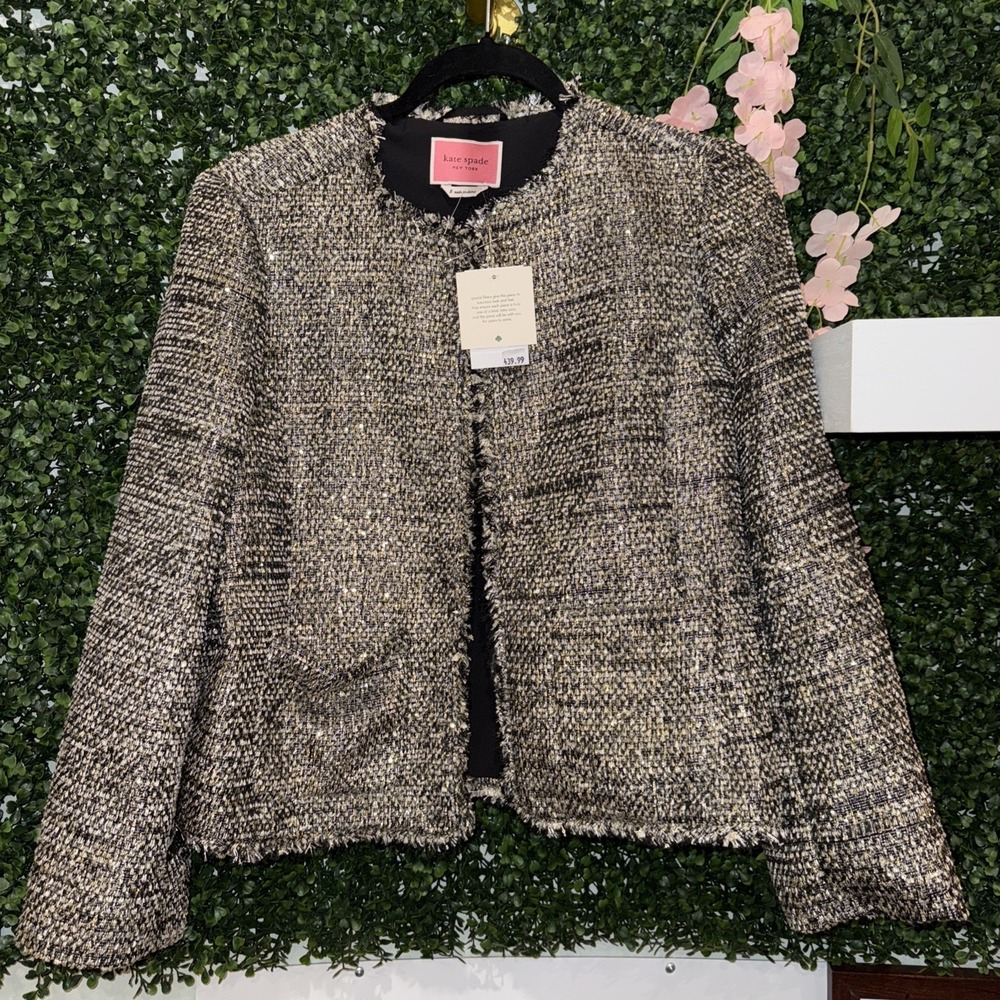 Kate Spade Metallic Tweed Blazer Open Front Suit Jacket Size 8